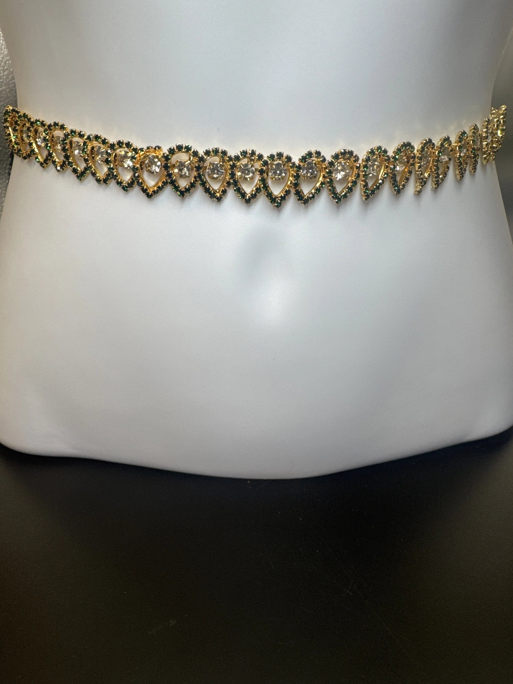 Gold-Tone Green Stone Hip Chain with Clear Round Stones and Teardrop Scalloped Design Jewelry JCS Fashions Green 28 - 42 inches