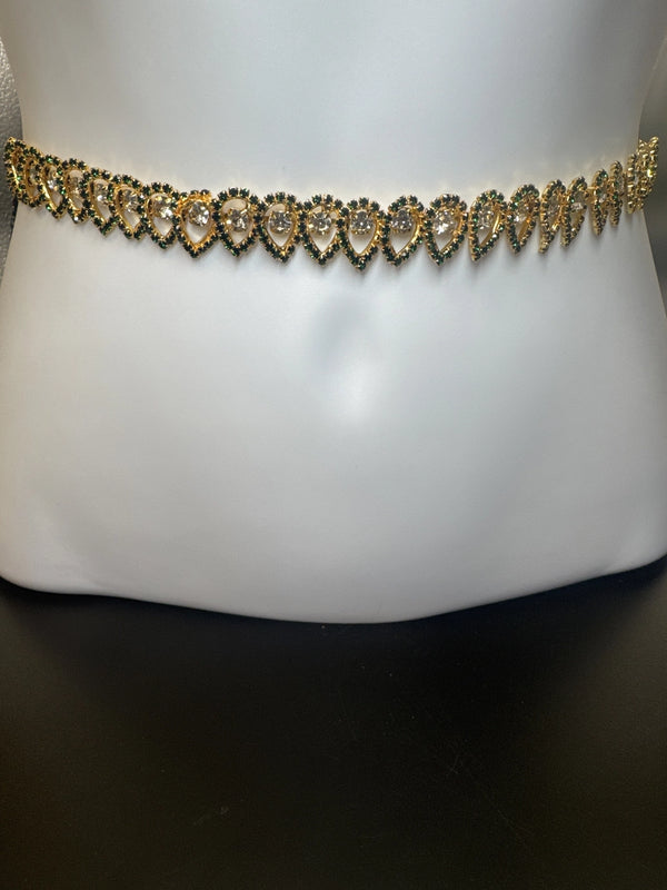 Gold-Tone Green Stone Hip Chain with Clear Round Stones and Teardrop Scalloped Design Jewelry JCS Fashions Green 28 - 42 inches