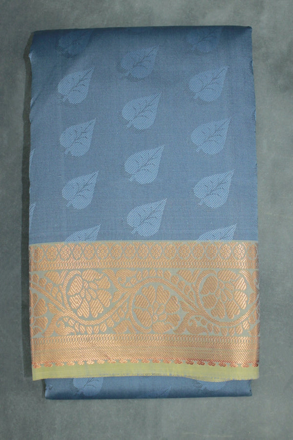 Grey Semi Silk Emboss Saree with Elegant Border, Leaf Motif Weave and Traditional Look - Grey