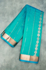 Teal Green Silk Cotton Saree with Beautiful Zari Border and Blouse Piece - Teal Green