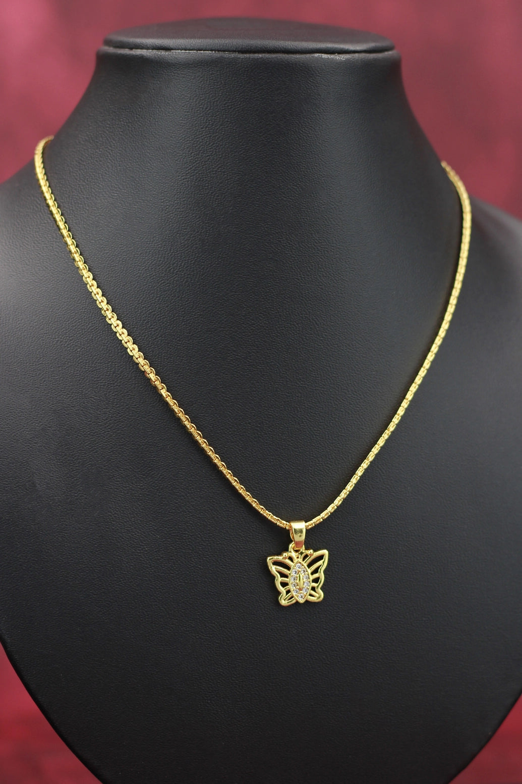 Gold-Tone Textured Chain Necklace with Butterfly Pendant for Women, Fashion Jewellery Neck Set - Gold