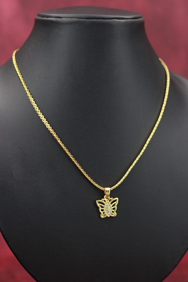 Gold-Tone Textured Chain Necklace with Butterfly Pendant for Women, Fashion Jewellery Neck Set - Gold