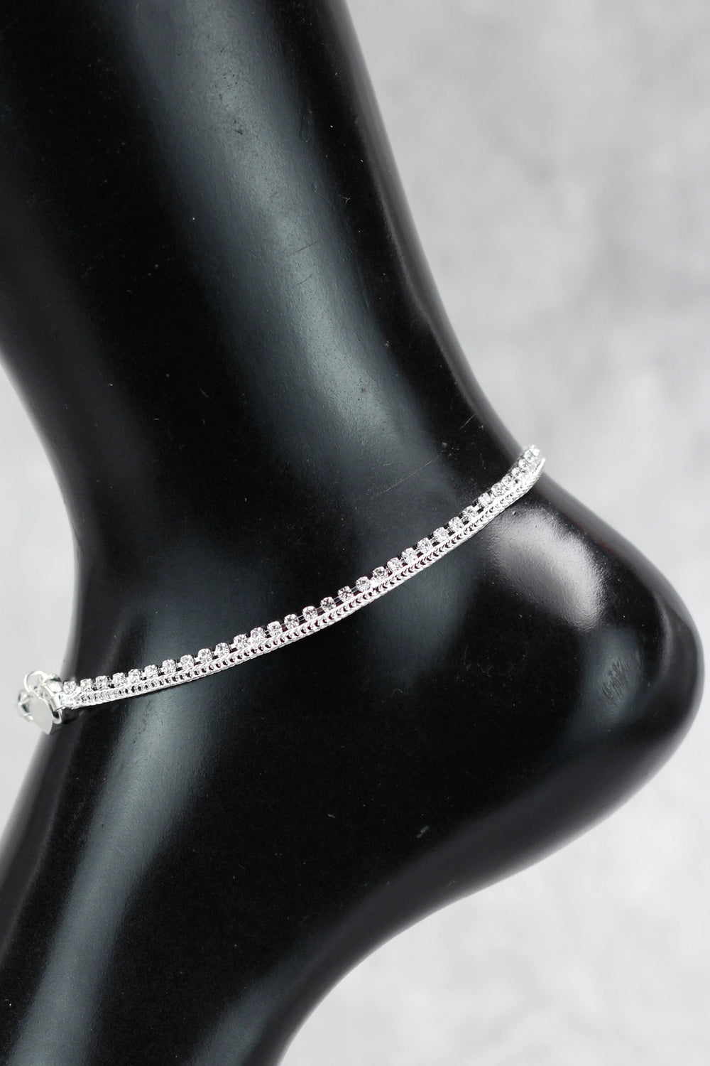 Silver-Plated Traditional South Indian Anklets with White Stone, Delicate Stone-Studded Design - Silver