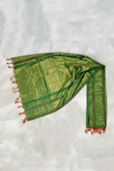 Green Ponnadai Poly Silk Jacquard Temple & Function Shawl with Zari-Style Pattern and Tassels - Green