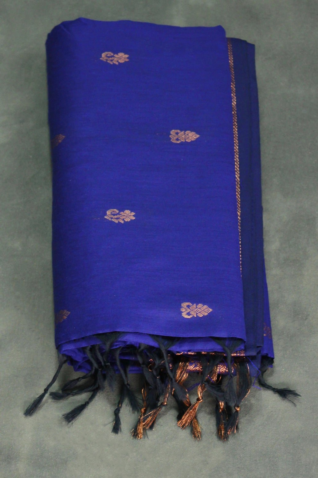 Navy Blue Kalyani Cotton Saree with Putta Design and Zari Border with Blouse - Navy Blue