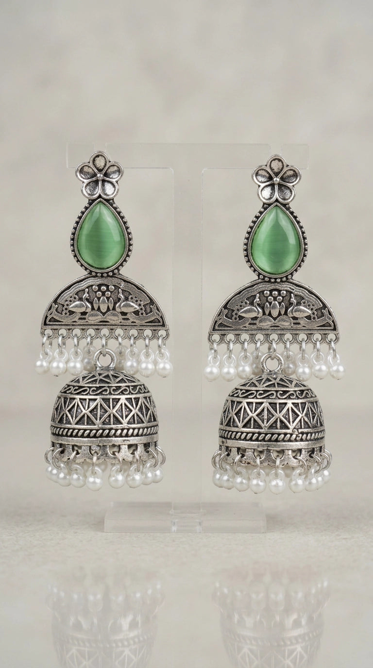 Green Oxidised Silver Jhumka Earrings with Floral Top & Pearl Bead Drops for Traditional Wear - Green