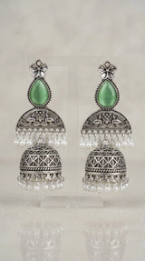 Green Oxidised Silver Jhumka Earrings with Floral Top & Pearl Bead Drops for Traditional Wear - Green