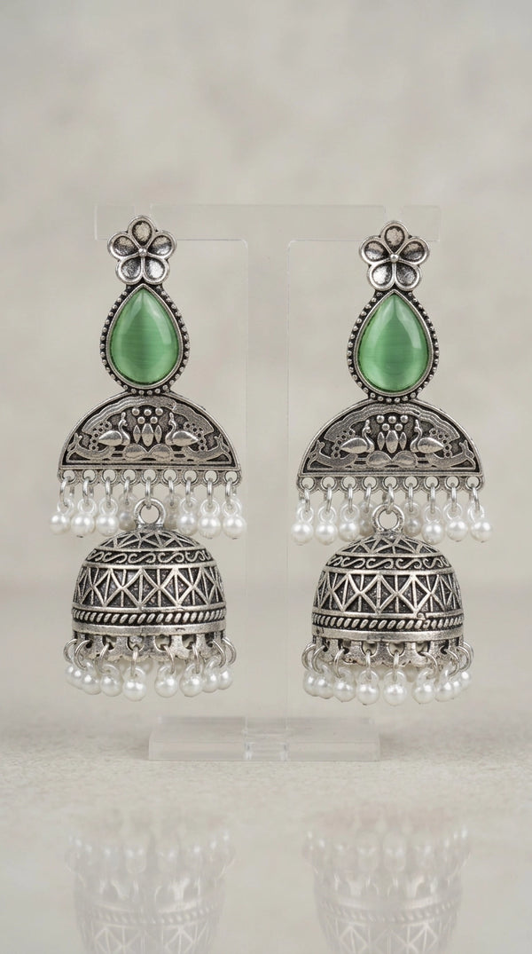 Green Oxidised Silver Jhumka Earrings with Floral Top & Pearl Bead Drops for Traditional Wear - Green