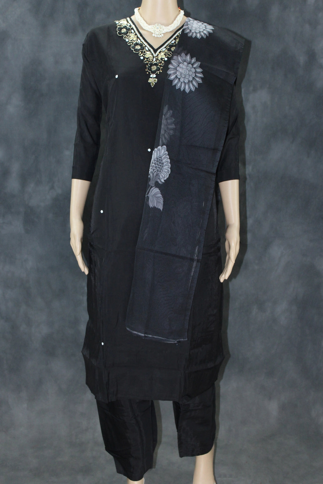 Black Silk 3-Piece Pakistani Salwar Suit with Embroidered V-Neck and Organza Dupatta