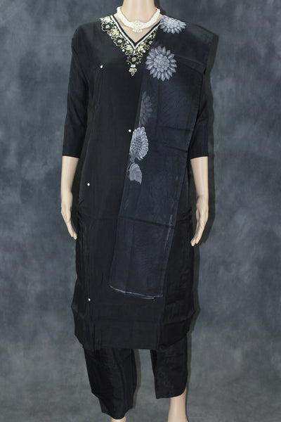 Black Silk 3-Piece Pakistani Salwar Suit with Embroidered V-Neck and Organza Dupatta