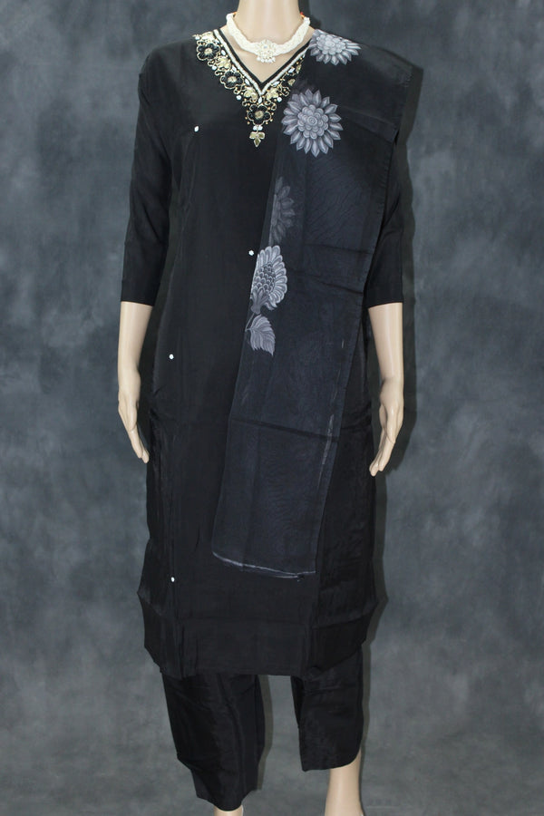 Black Silk 3-Piece Pakistani Salwar Suit with Embroidered V-Neck and Organza Dupatta