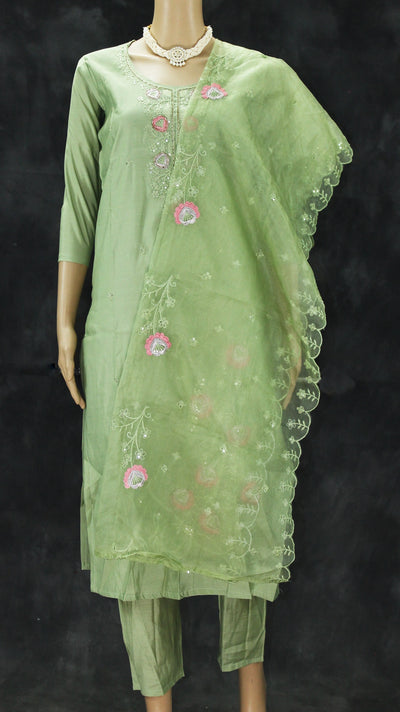 Light Green Roman Silk Kurti Pant Set with Embroidered Handwork Chinon Dupatta for Women - Light Green