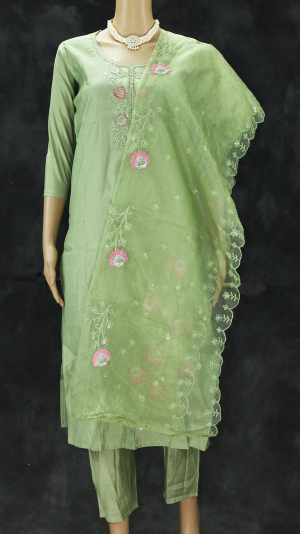 Light Green Roman Silk Kurti Pant Set with Embroidered Handwork Chinon Dupatta for Women - Light Green