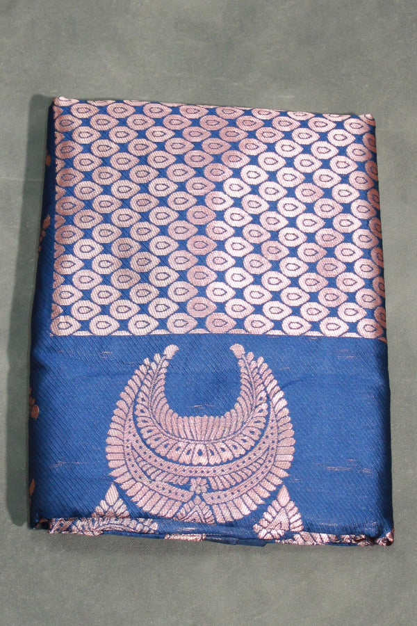 Navy Blue Coconut Silk Saree with Jhumka Weave Pallu and Border, Blouse Included - Navy Blue