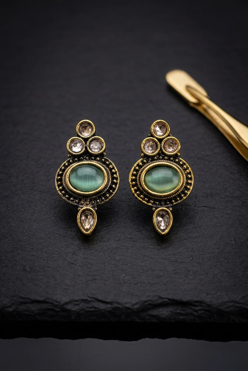 Mint Green Oval Stud Earrings With Antique Gold-Tone Bead Design for Traditional Ethnic Wear - Mint Green