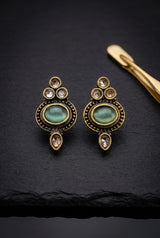 Mint Green Oval Stud Earrings With Antique Gold-Tone Bead Design for Traditional Ethnic Wear - Mint Green