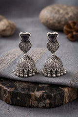 Heart Top Oxidized Silver-Tone Jhumka Earrings with Triangular Stone Accent and Ghungroo Drops