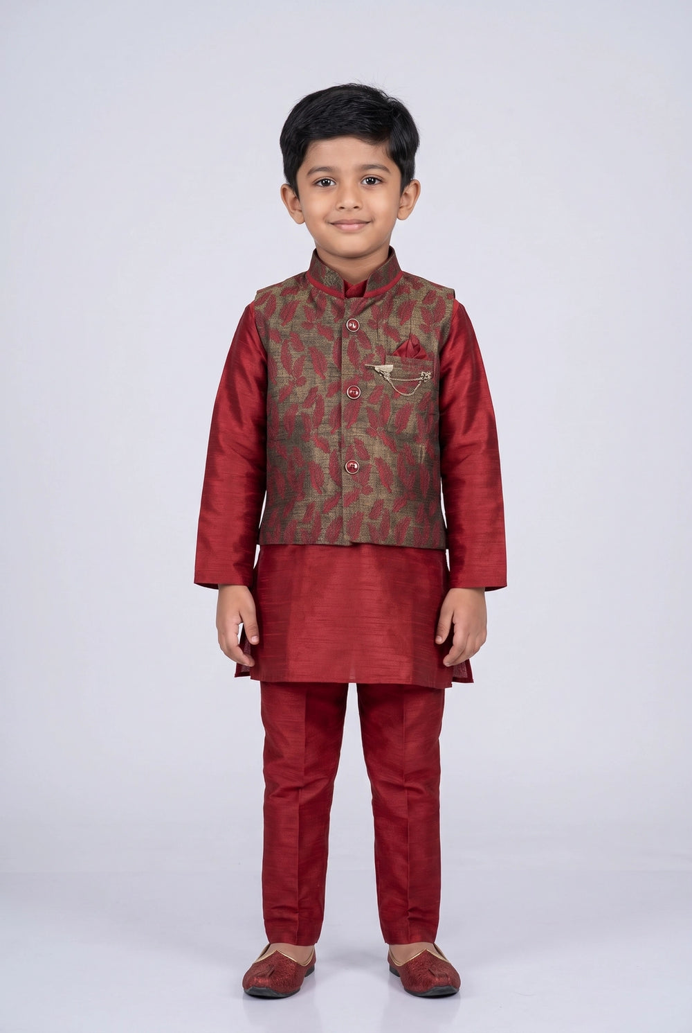 Maroon Boys Koti 3-Piece Kurta Set with Nehru Waistcoat, Matching Pants & Decorative Brooch - Maroon