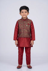 Maroon Boys Koti 3-Piece Kurta Set with Nehru Waistcoat, Matching Pants & Decorative Brooch - Maroon