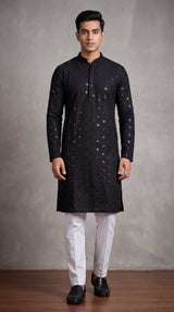Black Lakhnavi Kurta for Men with Sequins Work, Mandarin Collar, Festive Party Wear - Black