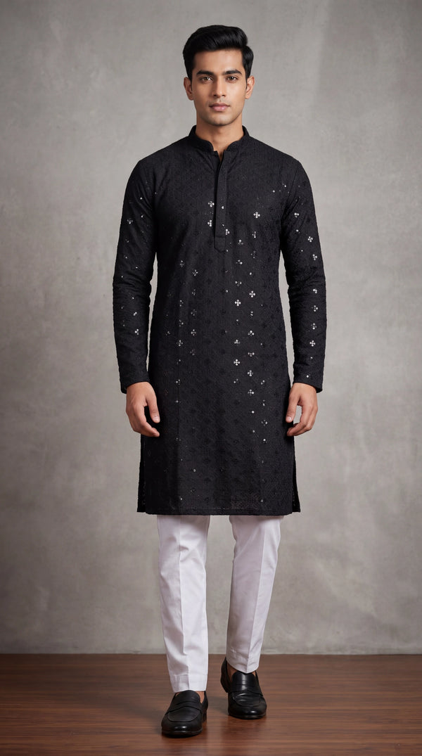 Black Lakhnavi Kurta for Men with Sequins Work, Mandarin Collar, Festive Party Wear - Black