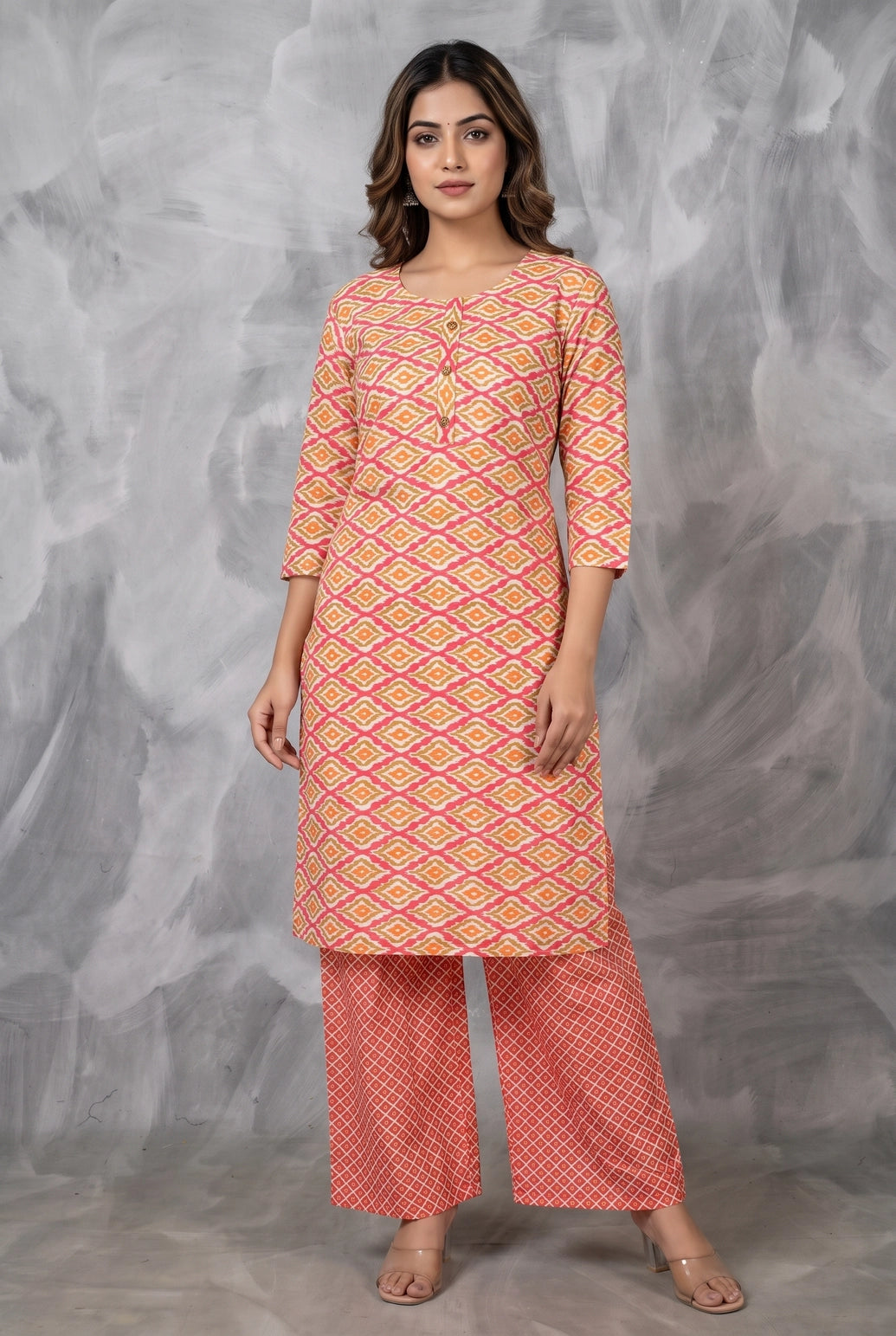 Pink Rayon Geometric Print Kurti Pant 2-Piece Set with Elastic for Women, 3/4 Sleeves - Pink