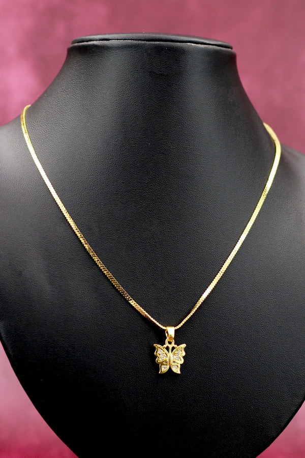 Gold-Tone Textured Chain Necklace with Butterfly Pendant for Traditional & Festive Wear - Gold