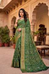 Dark Olive Green Chiffon Bandhani Print Saree with Gold Zari Motifs and Geometric Border for Festive Wear - Dark Olive Green