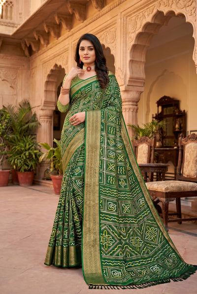Dark Olive Green Chiffon Bandhani Print Saree with Gold Zari Motifs and Geometric Border for Festive Wear - Dark Olive Green