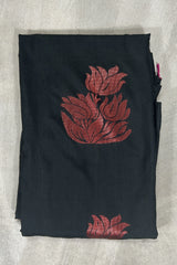 Black Korvai Soft Silk Border Saree with Delicate Gold Zari Buttas and Traditional Floral Zari Border - Black
