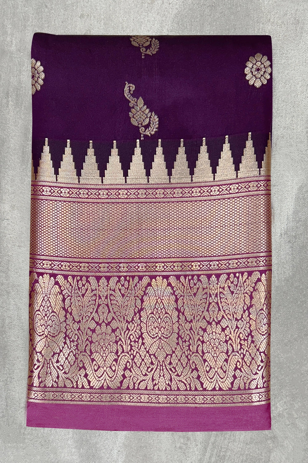 Pure Silk Saree with Heavy Pallu Border, Wine Purple and Rose Gold Contrast, Saree with Blouse Piece - 5.5 meters