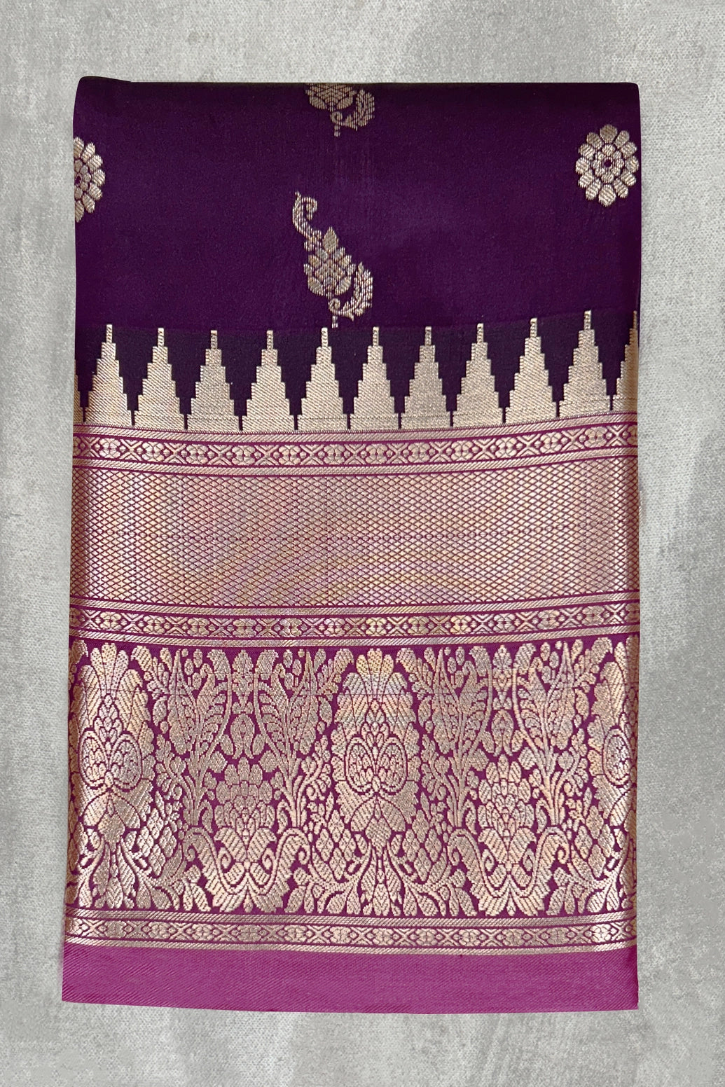 Pure Silk Saree with Heavy Pallu Border, Wine Purple and Rose Gold Contrast, Saree with Blouse Piece - 5.5 meters