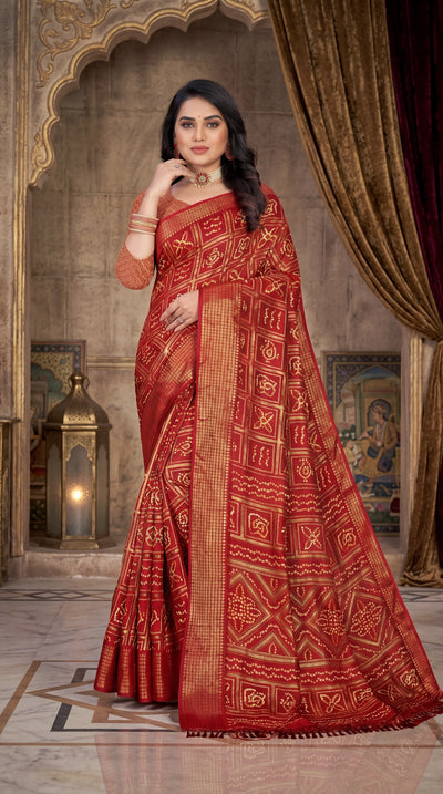Red Bandhani Print Chiffon Saree with Gold Zari Motifs and Geometric Border for Festive Wear - Red