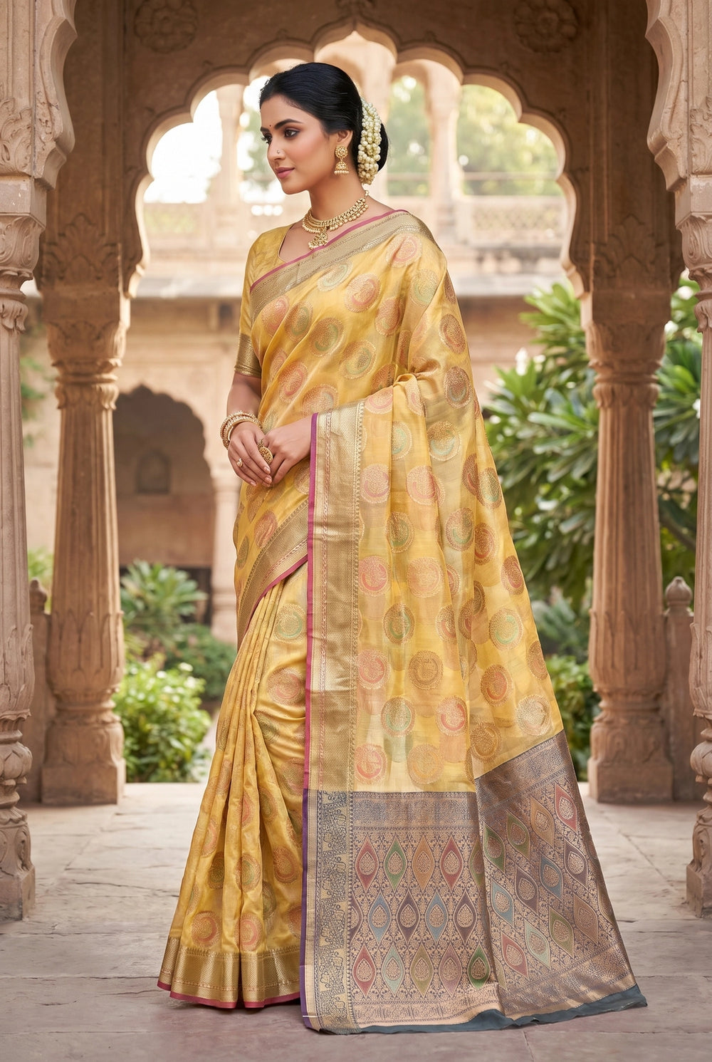 Ajmera Fashion Cotton Oraganza Blue Moon Saree with Grand Pallu, Zari Weaving Border and Blouse Piece - Green with Orange