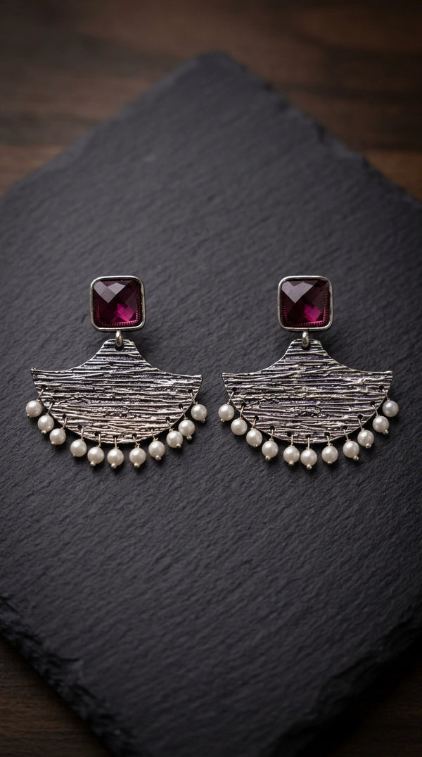 Maroon Stone Tassel Earring with Textured Triangular Dangle, Silver-Tone Party Wear Jewellery - Maroon