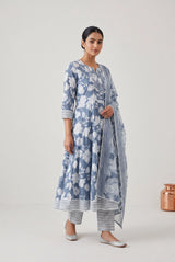 Grey Cotton Kurti with Elastic Pant and Floral Dupatta 3-Piece Set, Embroidered Neckline for Everyday Wear - Grey