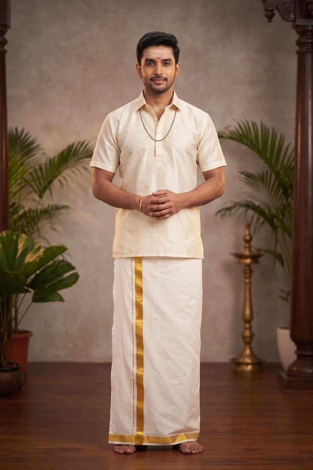 Men Off-White Cotton Dhoti with Gold Zari Border, Traditional 2 Metre Single Veshti - Gold Zari