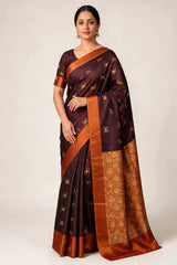 Soft Silk Saree with Contrast Border and Traditional Motif Print, Peach & Grey Ethnic Wear for Women - Peach & Grey