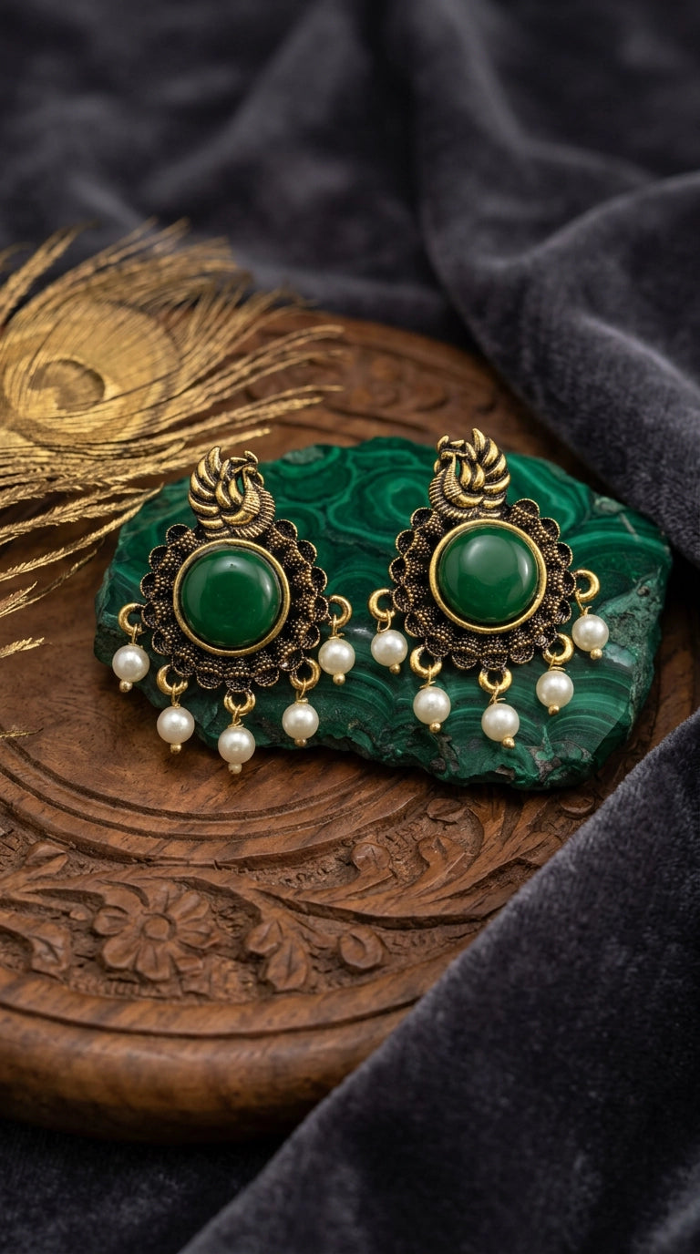 Green Antique Gold-Tone Statement Earrings with Round Stone & Pearl Drops for Traditional Wear - Green
