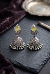 Oxidized Silver-Tone Jhumka Earrings with Round Stone & Leaf Connector, Gungroo Tassels