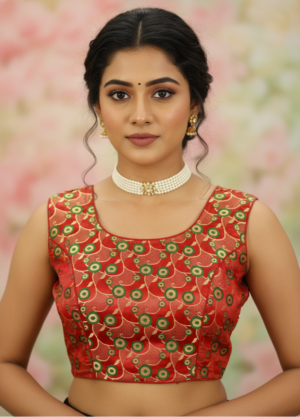 Red Readymade Designer Padded Blouse with Woven Circular Motifs and Zari Finish, Sleeveless Back Knot, Size 38