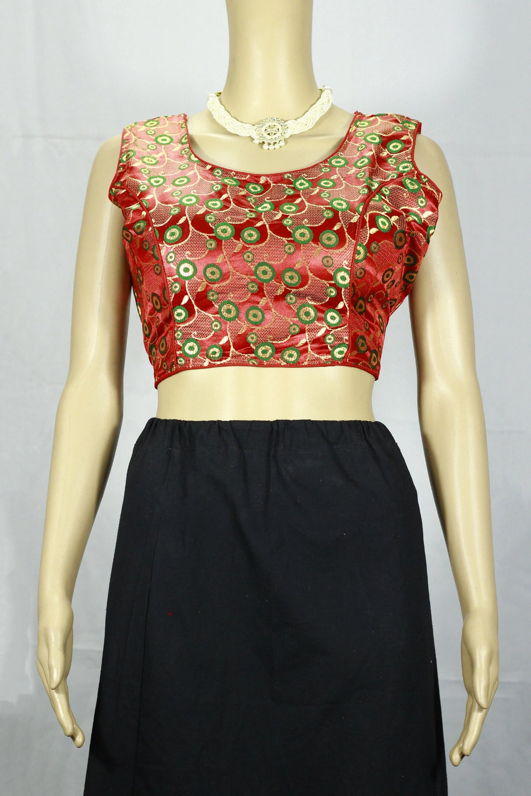 Red Readymade Designer Padded Blouse with Woven Circular Motifs and Zari Finish, Sleeveless Back Knot, Size 38 - Red