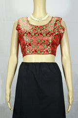 Red Readymade Designer Padded Blouse with Woven Circular Motifs and Zari Finish, Sleeveless Back Knot, Size 38 - Red