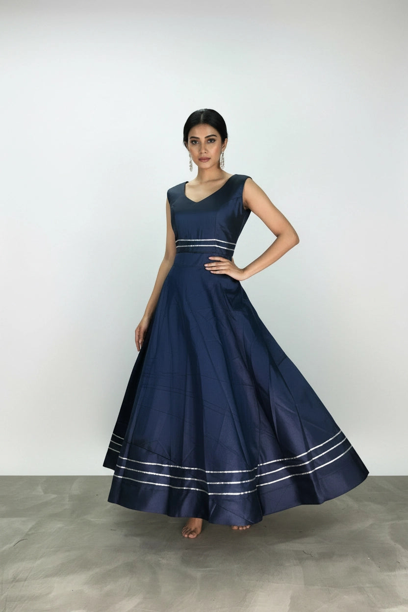 Navy Blue Silk Lehenga with Silver Stripe Border and Sleeveless High-Neck Blouse - Navy Blue