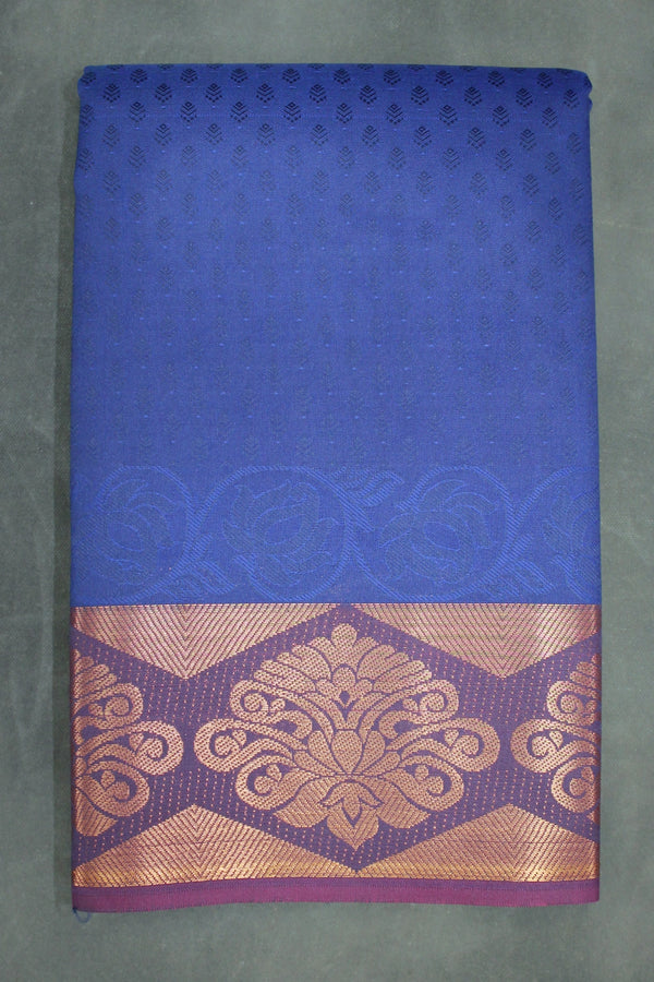Navy Blue Emboss Silk Saree with Semi Silk Border and Floral Geometric Design - Navy Blue