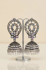 Oxidized Black Silver Jhumka Earrings with Multicolor Stone & Pearl Drop, Teardrop Floral Design for Women - Black silver