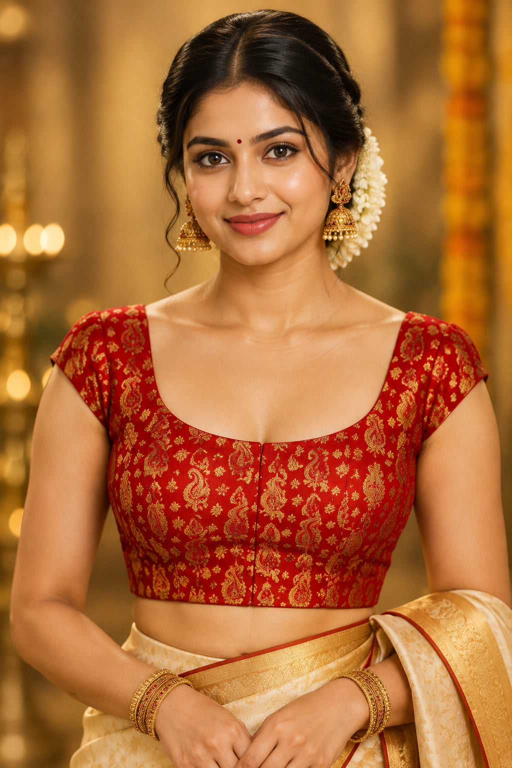 Red V-Neck Readymade Padded Blouse with Floral Weaving Pattern, Short Sleeves, Back Knot for Saree Choli - Red