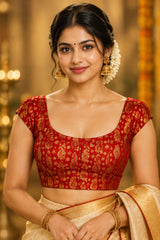 Red V-Neck Readymade Padded Blouse with Floral Weaving Pattern, Short Sleeves, Back Knot for Saree Choli - Red