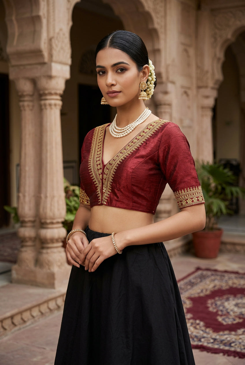 Maroon Readymade Padded Designer Blouse with V-Neck Gold Zari & Sequin Work, Elbow Sleeves, Back Knot - Maroon