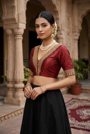 Maroon Readymade Padded Designer Blouse with V-Neck Gold Zari & Sequin Work, Elbow Sleeves, Back Knot